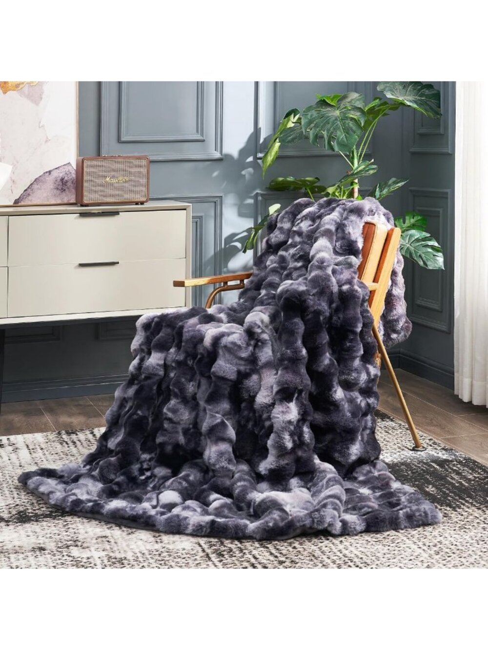 Cozy Tie Dye Black Faux Fur Throw Blanket for Couch, Soft & Warm 50x60 Inches